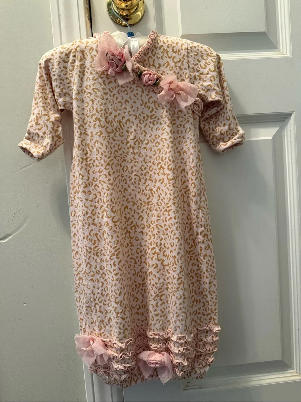 Biscotti Pink and Tan Leopard Print Baby gown w/matching cap